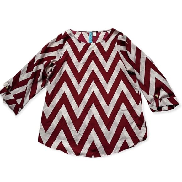 Chevron 3/4 Sleeve Silky Burgundy & White Blouse Dina Be Women’s S Business - Picture 2 of 8